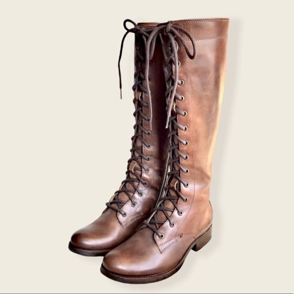 Frye Melissa Tall Classic Brown Leather Lace Up Knee High Equestrian Riding Boot - Picture 9 of 14